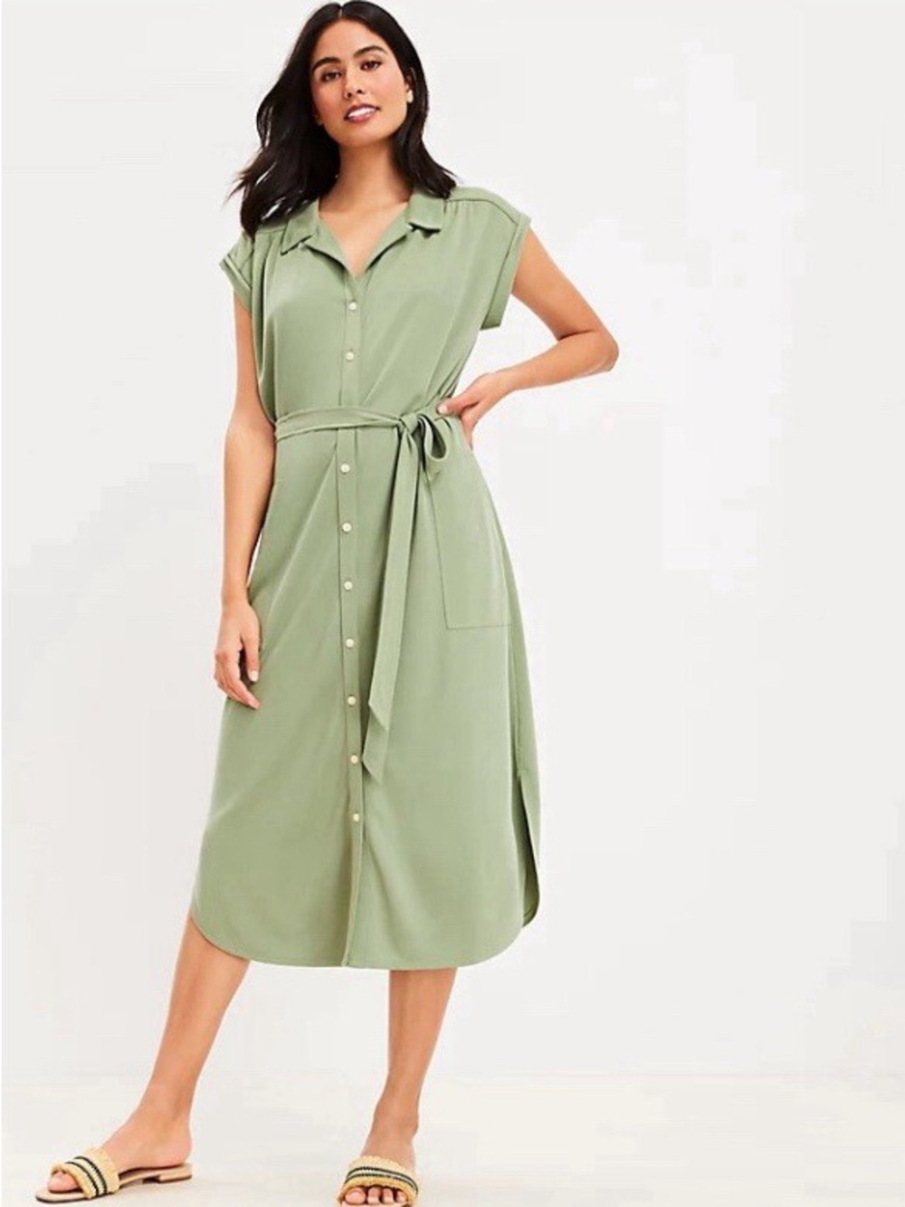 LOFT Sage Green Button-Front Tie-Waist Midi Dress
